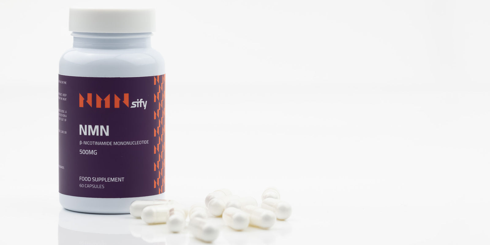 NMNsify-Nicotinamide-Mononucleotide-NMN-supplement-UK-NMN-UK-NMN-supplement-UK-500mg-bottle-no-additives-60-capsules-bottle-with-nmn-capsules-on-the-side-white-background